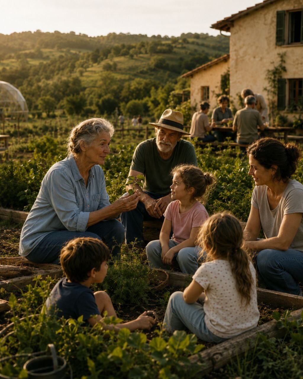 Tre generazioni insieme nell'orto: nonni, genitori e bambini piantano e si raccontano