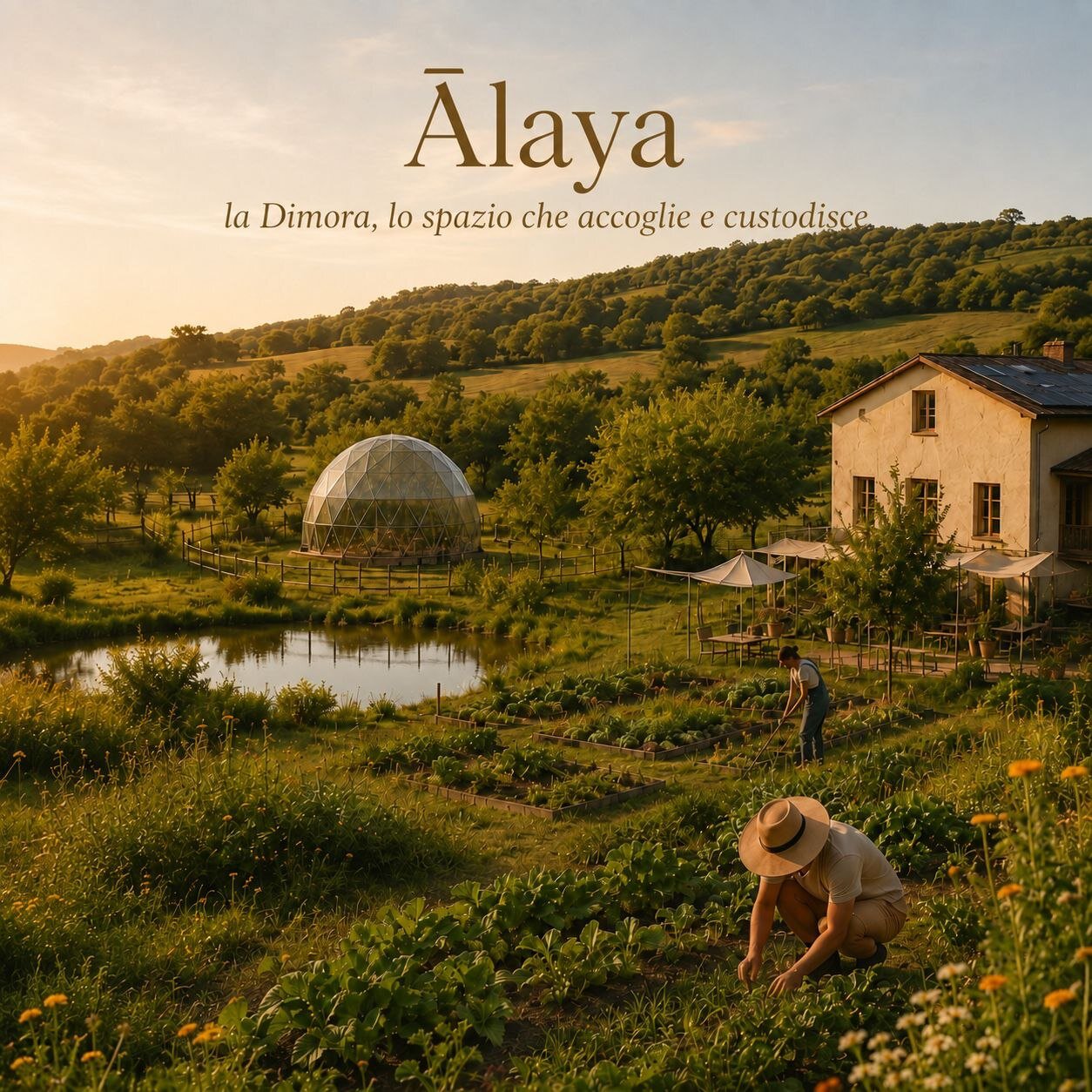 Ālaya: la dimora, lo spazio che accoglie e custodisce — casa, orti e cupola geodetica accanto al laghetto