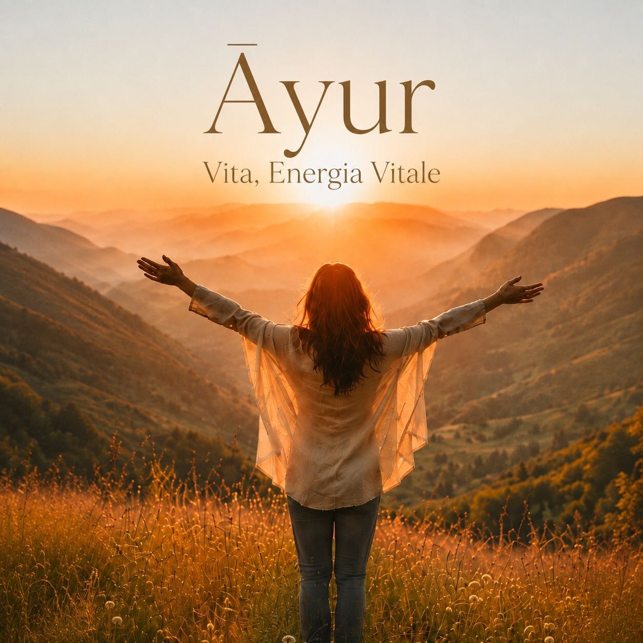 Āyur: la vita, l'energia vitale — una figura a braccia aperte davanti alle colline all'alba