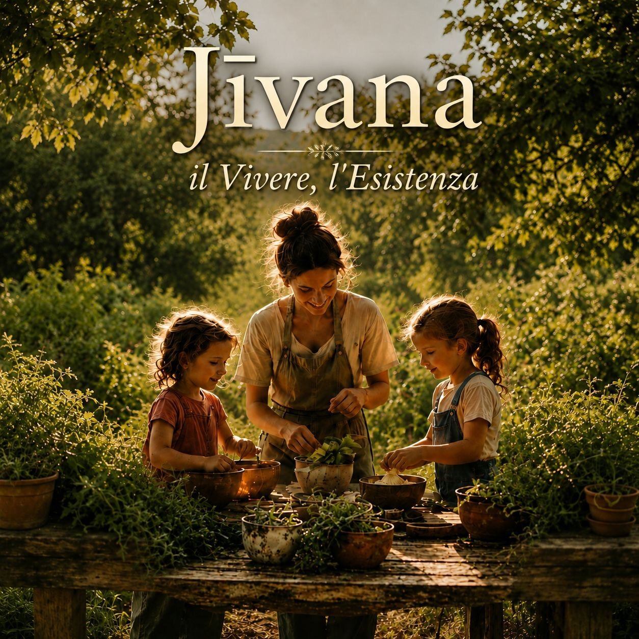 Jīvana: il vivere, l'esistenza — una famiglia prepara erbe e verdure nel verde