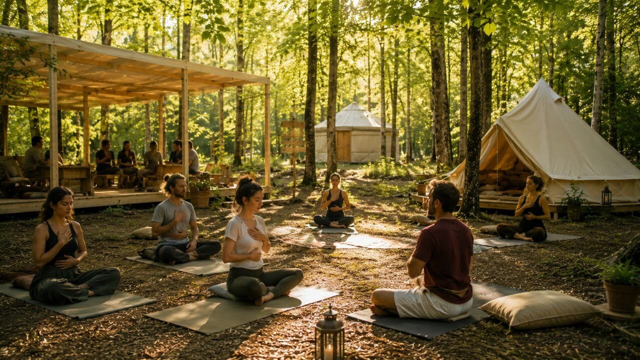 Meditazione di gruppo nel bosco, tra strutture leggere e tende del glamping