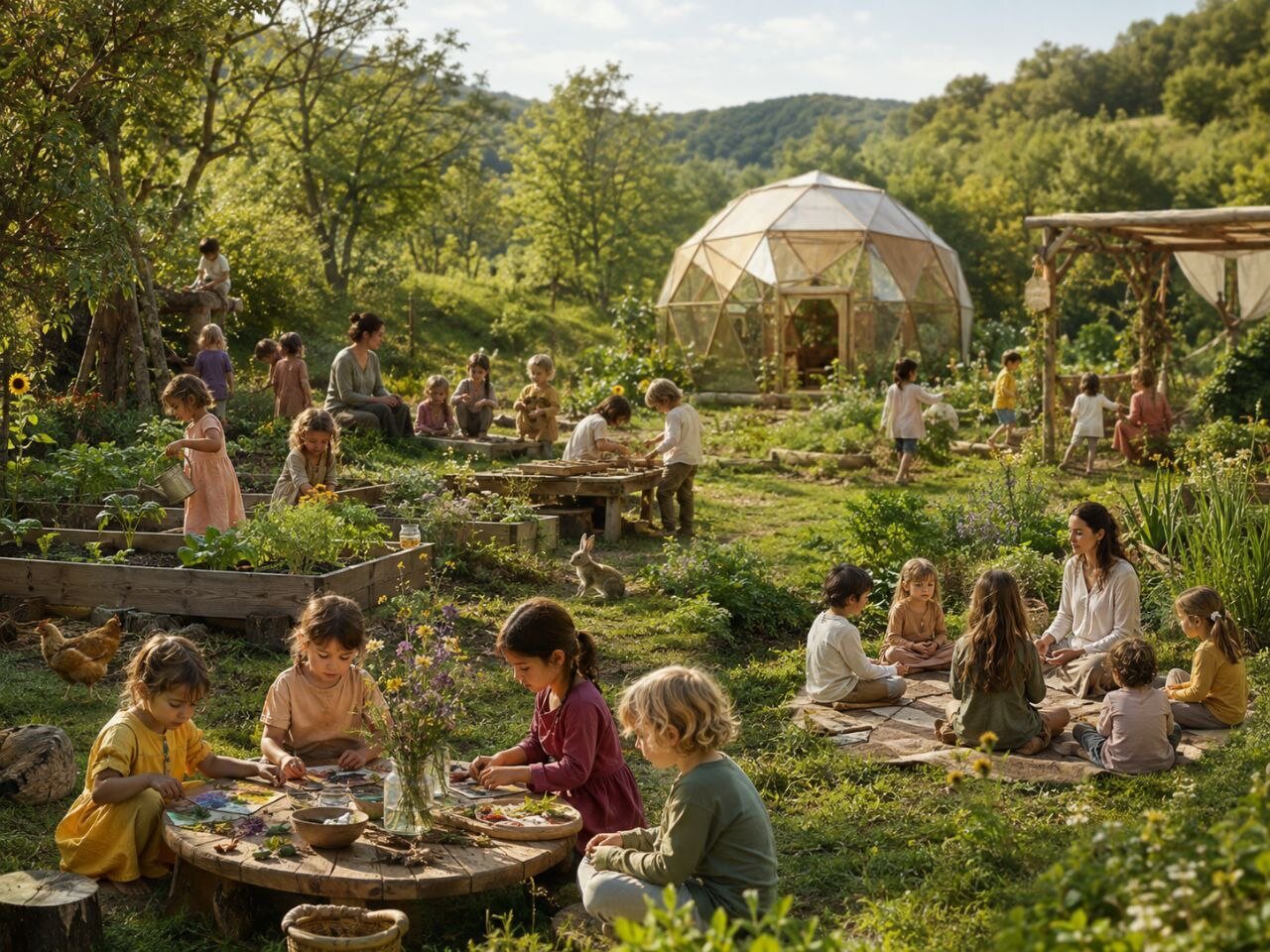 Bambini in attività all'aperto tra orti didattici e la cupola geodetica dell'asilo nel bosco